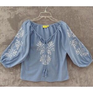 Roller Rabbit Embroidered Peasant Top Women's Small Boho Balloon Sleeves Tassels